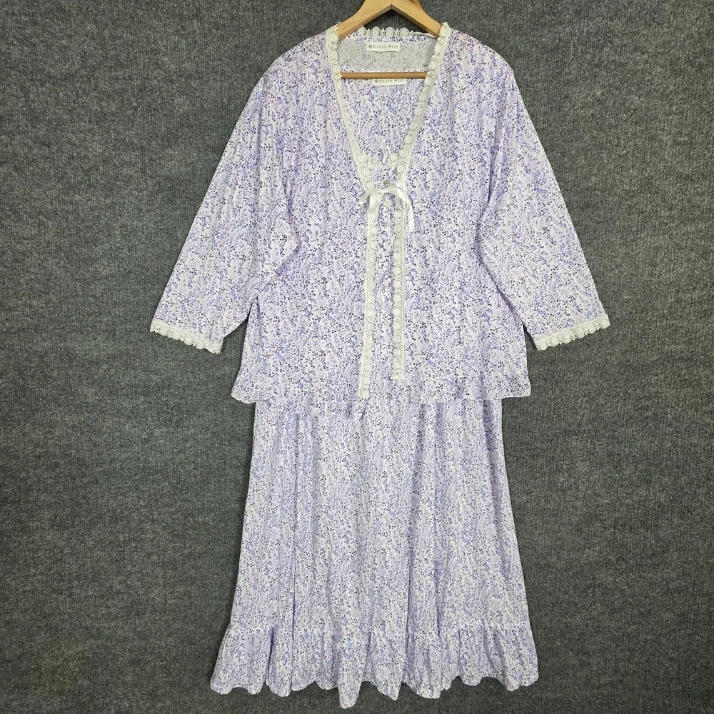 Eileen West 2 Pc Nightgown Set XXL Bed Jacket Robe Floral Purple Cottage Prairie